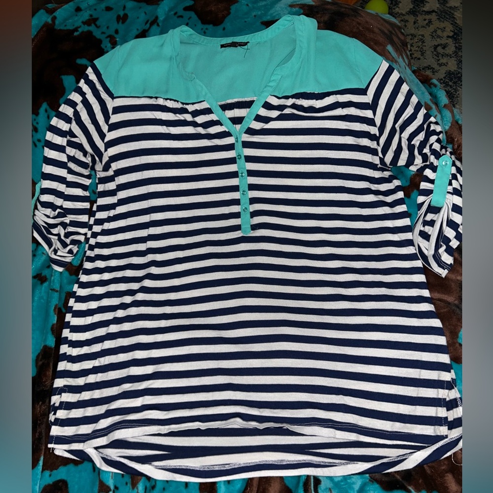 Size 2X - Absolute Angel Navy and White Striped Top with Turquoise Trim